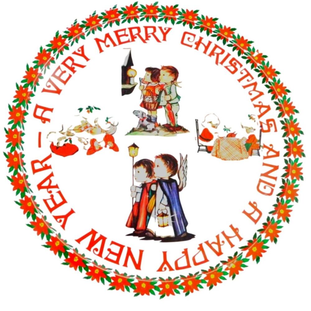 Vintage Wynne Novelty Christmas Tin Tray 13” Round Metal Holiday Serving Platter